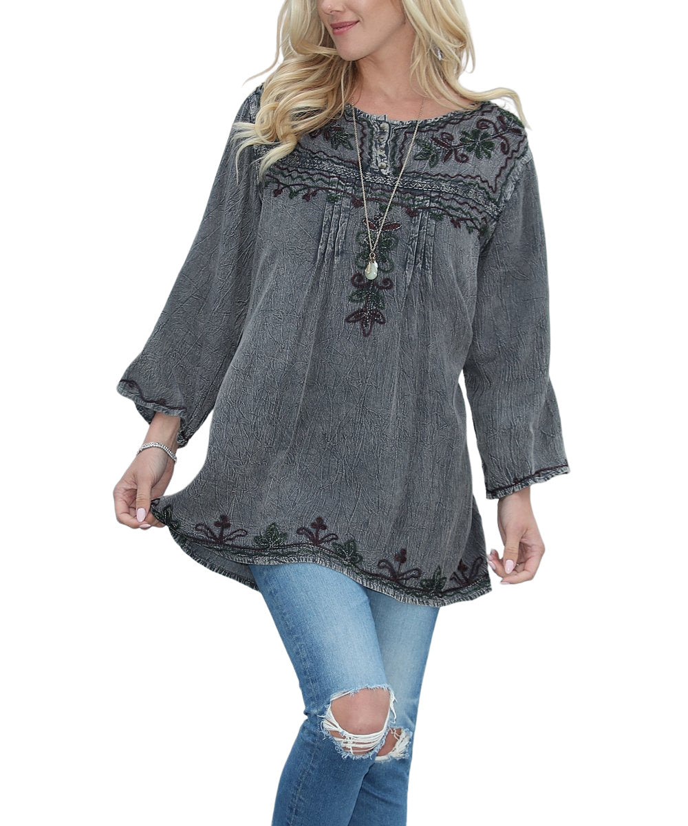 Gray & Dark Green Floral Embroidered Button Up Tunic Size (one size)