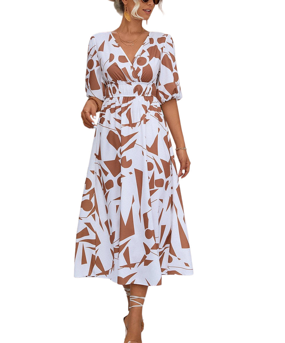 GYK Khaki & White Abstract Geometric Surplice Midi Dress Size L