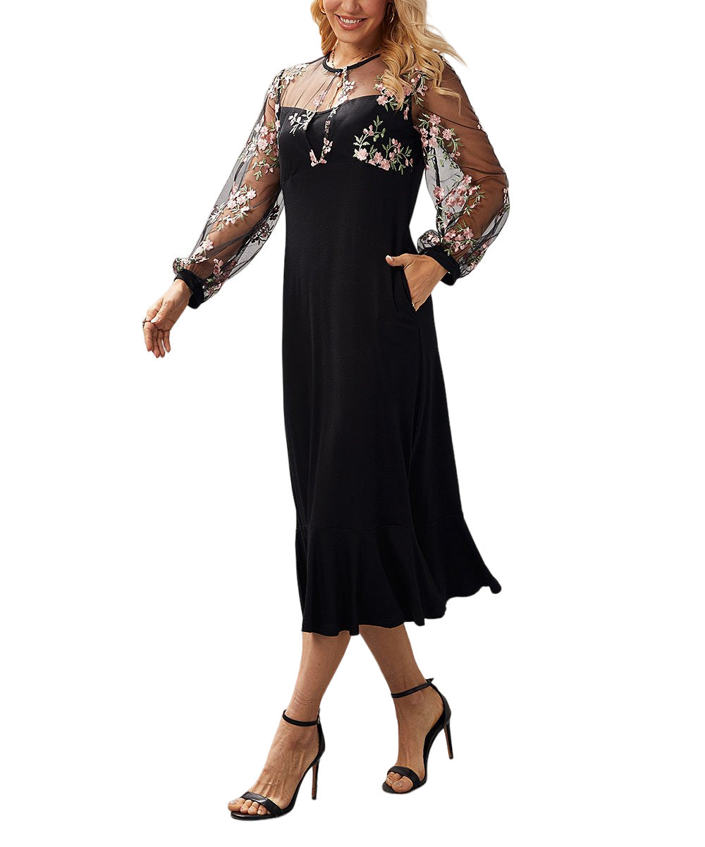 Suzanne Betro Dresses Black Floral Keyhole-Contrast Empire-Waist Midi Dress 4X