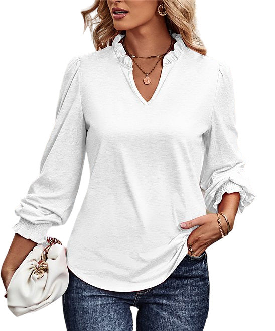 La Mode White Ruffle-Accent Poet-Sleeve Notch Neck Top Size M