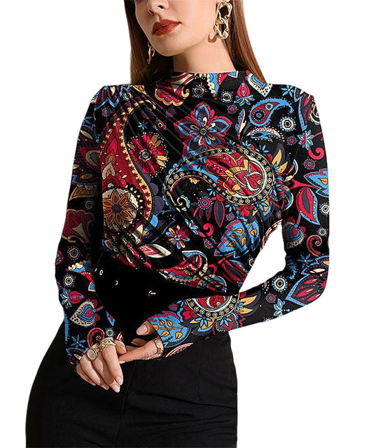 IZURIA Black&Red Paisley Ruched Front Long Sleeve Mock Neck Top Size 2X