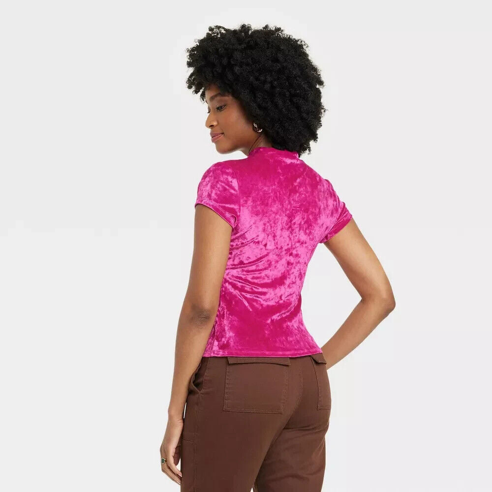 Women's Short Sleeve Slim Fit Mock Turtleneck Velvet T-Shirt - A New Day Pink L