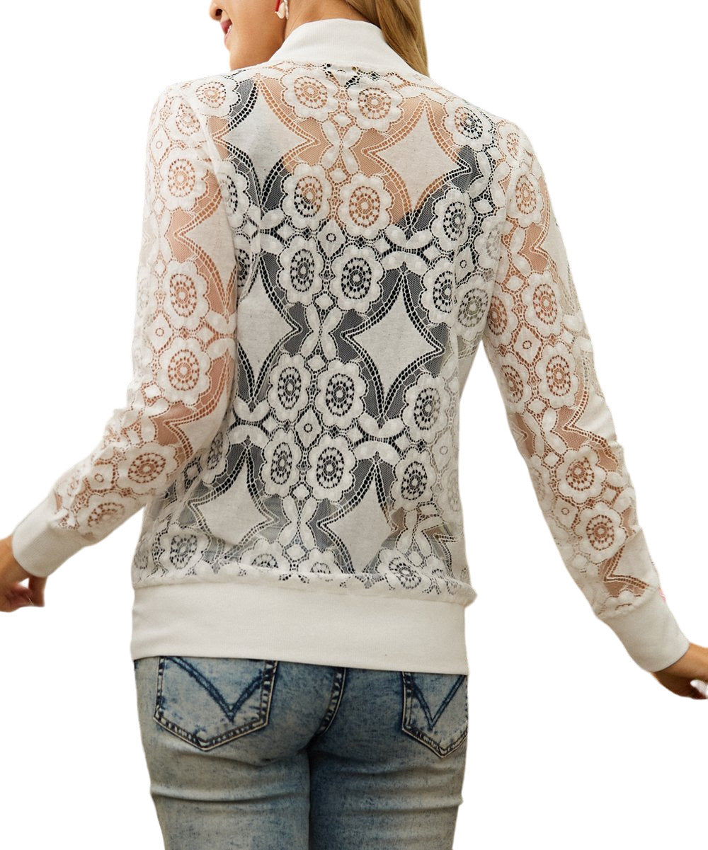 Suzanne Betro White Sheer Lace Zip Up Jacket Size L