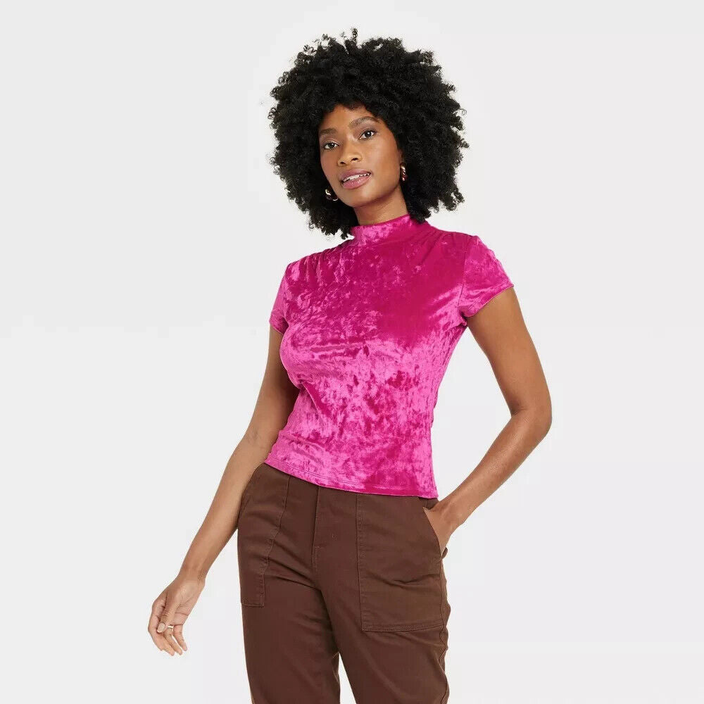 Women's Short Sleeve Slim Fit Mock Turtleneck Velvet T-Shirt - A New Day Pink L