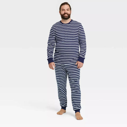 Men's Striped 100% Cotton Matching Family Pajama Set - Navy  M